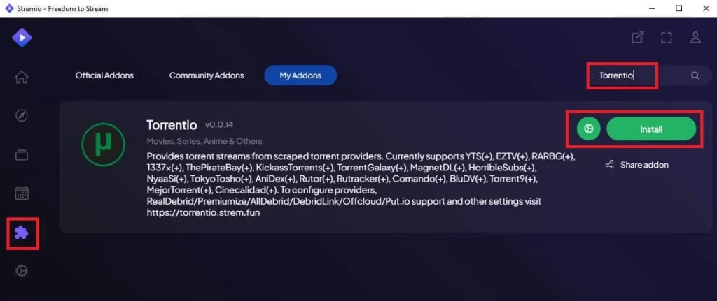 Install Torrentio Addon at Stremio